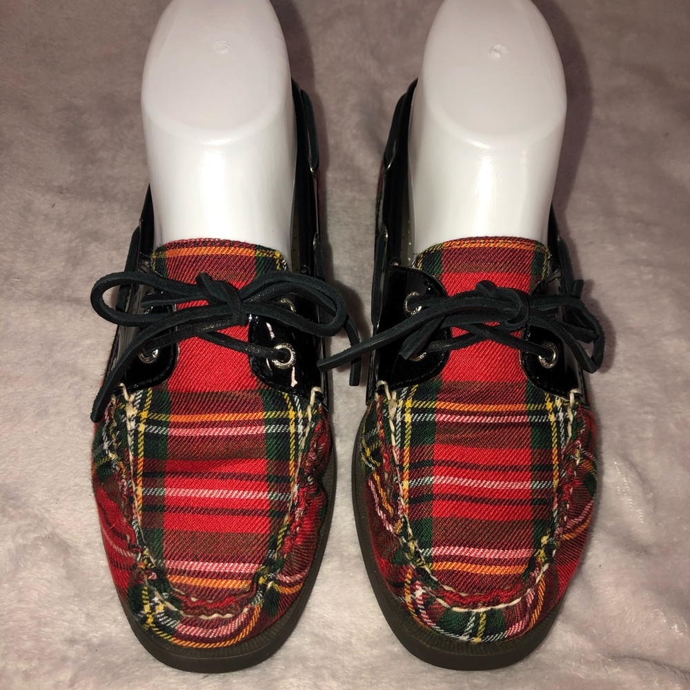 SPERRY BLACK PATENT PLAID TOP SIDERS LADIES 7.5